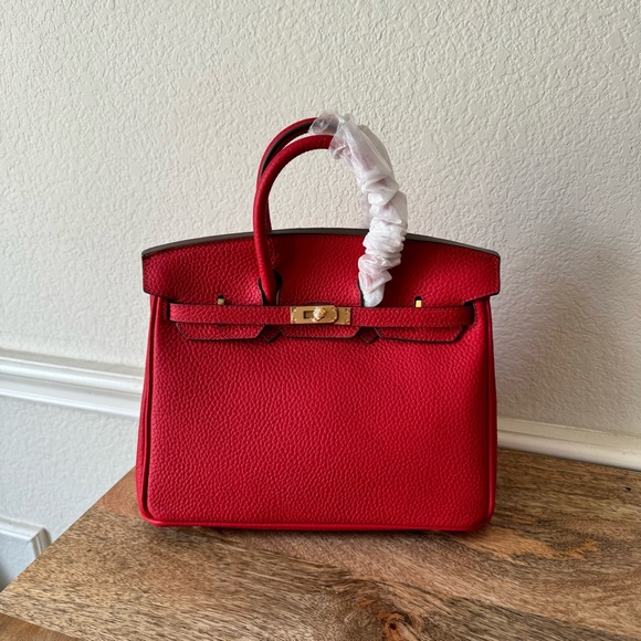 None Handbags - Red Pebble Leather 25 Doctor's Satchel Bag w/ Lock Key Gold HW B13